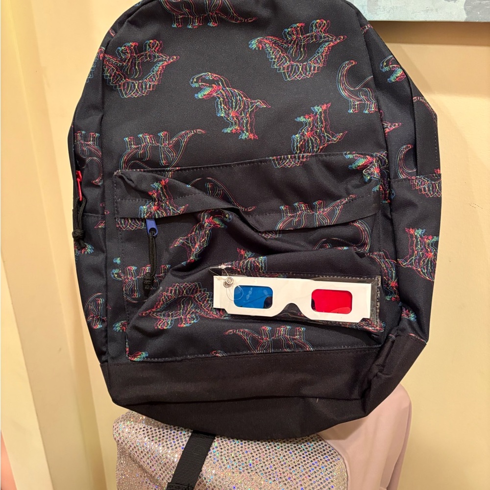 Dinosaur Print Kids Backpack with 3D Glasses - Black